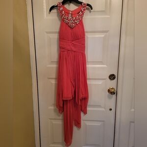 Beautiful coral formal short gown with beaded halter neckline sz 5 worn once